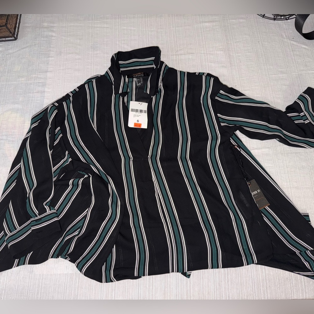Forever 21 Black Shirt with Green and White Stripes